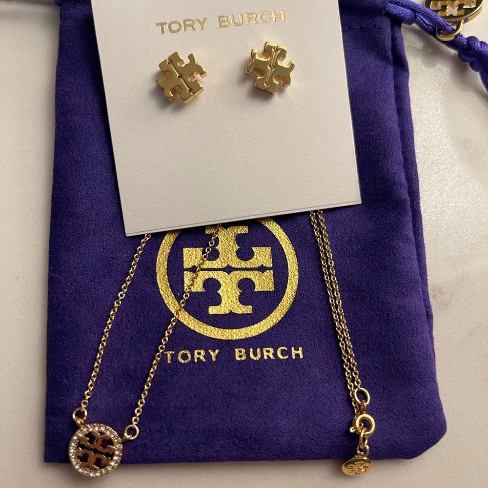Gold Tory Burch Earring and Necklace Set